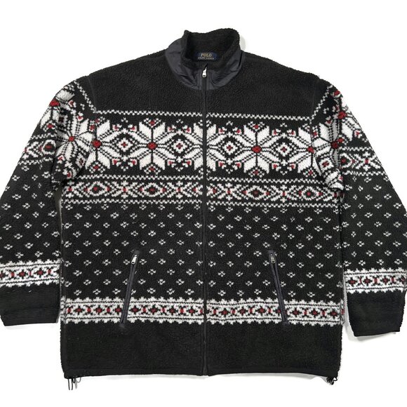 Polo Ralph Lauren Black Snowflake Fleece Men Big 1X Zip Sweater Jacket Fair Isle